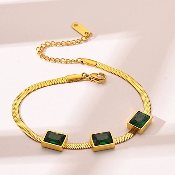Gold Emerald Herringbone Bracelet Gemstone Square - Picture 6 of 7
